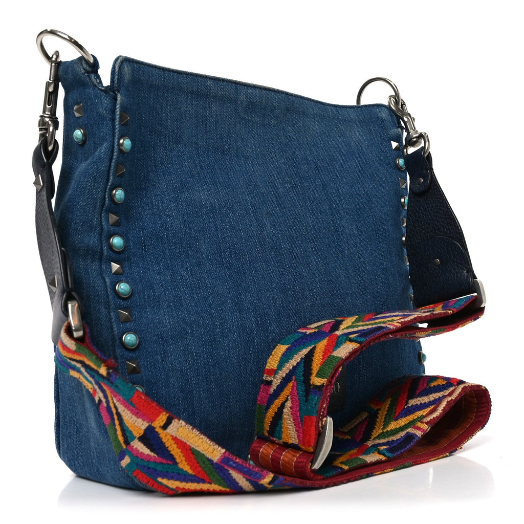 Denim Small Guitar Strap Rockstud Rolling Flip-Lock Messenger Bag Blue
