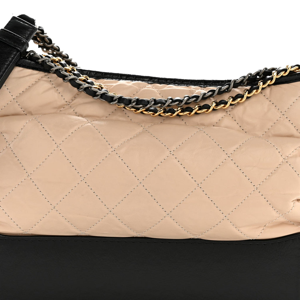 Aged Calfskin Quilted Medium Gabrielle Hobo Beige Black