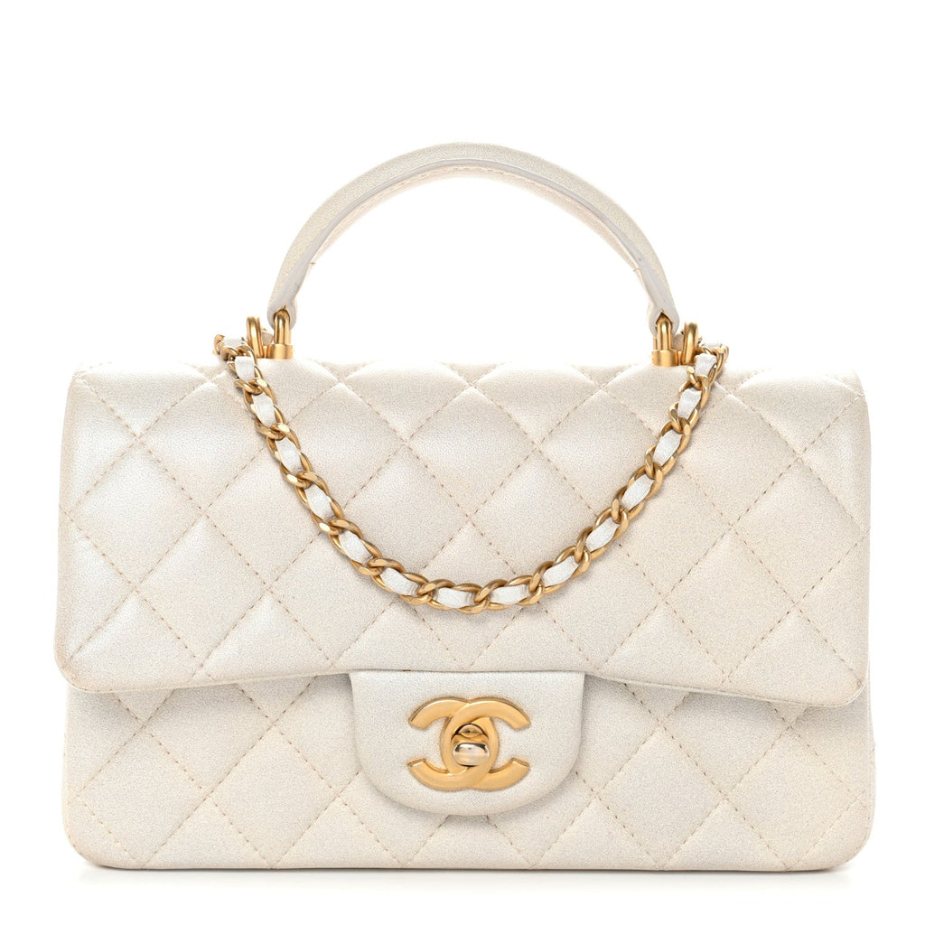 Iridescent Lambskin Quilted Mini Top Handle Rectangular Flap White