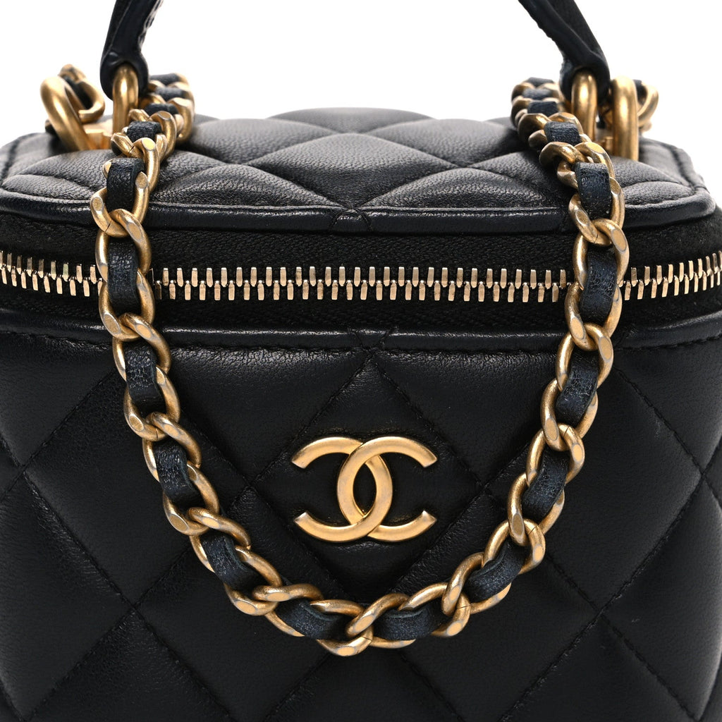 Lambskin Quilted Metal Mini Top Handle Vanity Case With Chain Black
