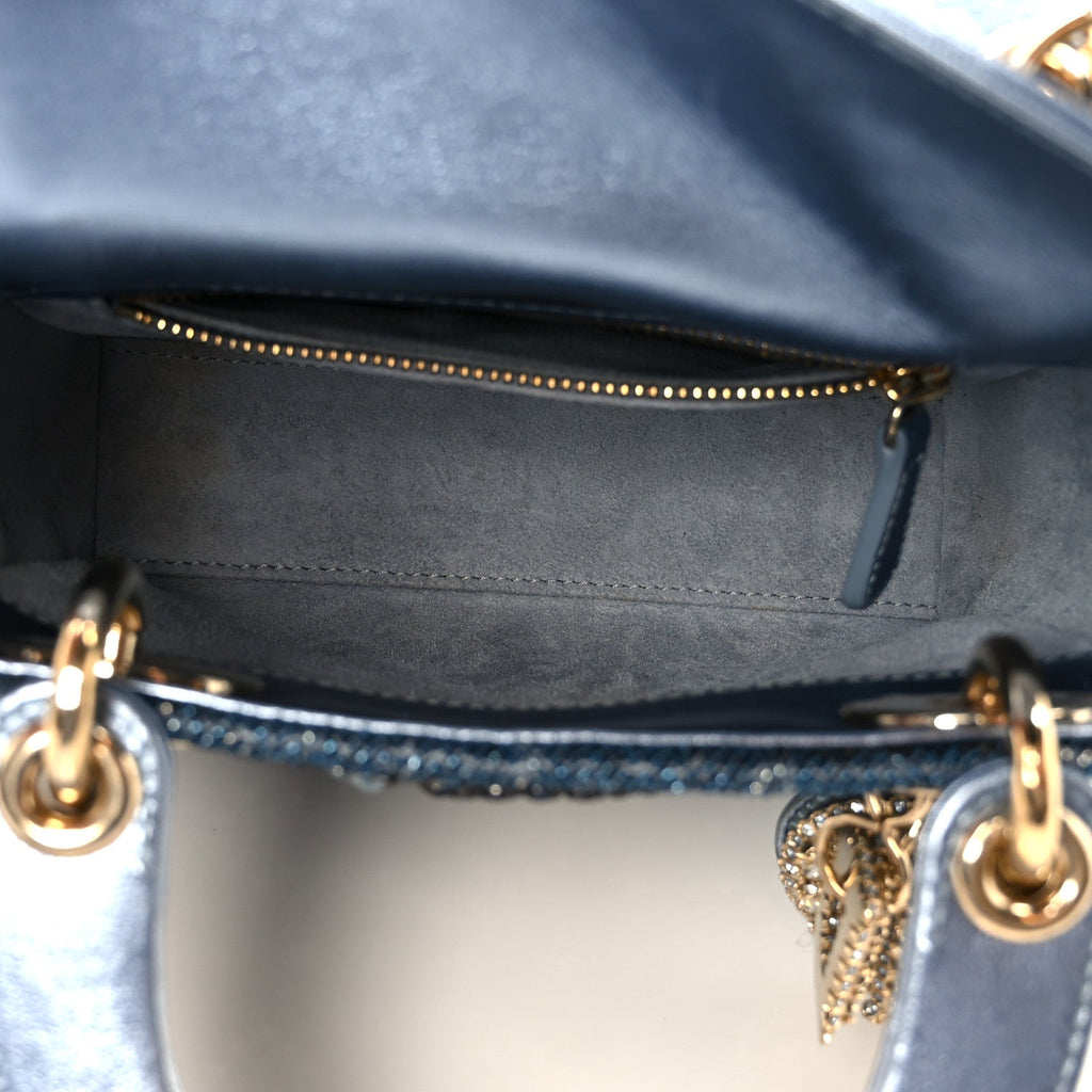 Metallic Calfskin Satin Celestial Bead Embroidery Cannage Mini Lady Dior Blue