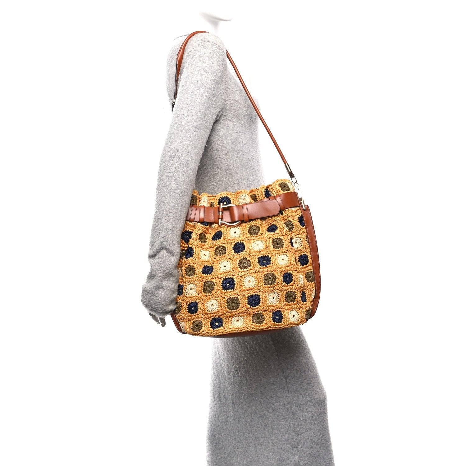 Straw Floral Belt Shoulder Bag Multicolor Tan
