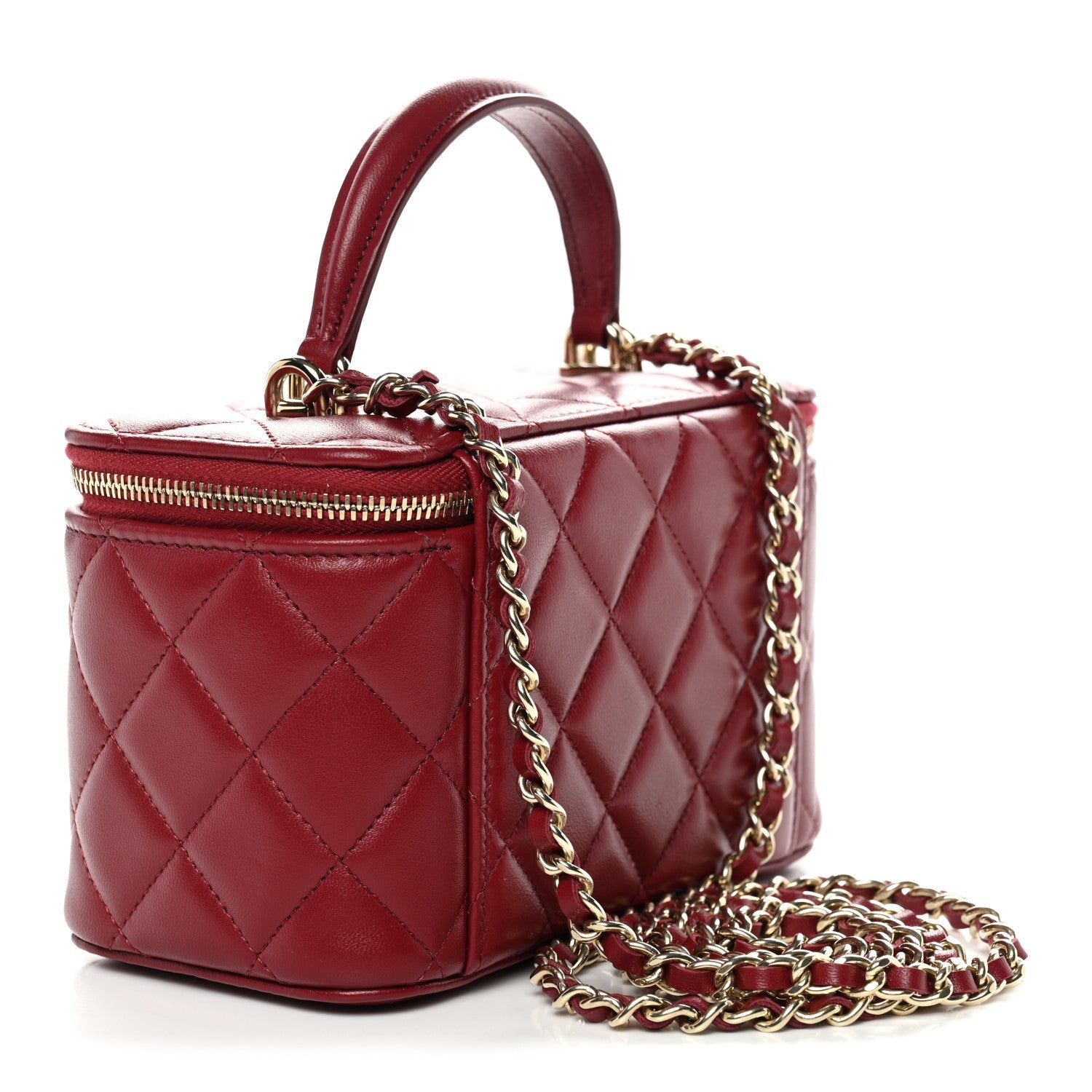 Lambskin Quilted Small Top Handle Vanity Case With Chain Burgundy