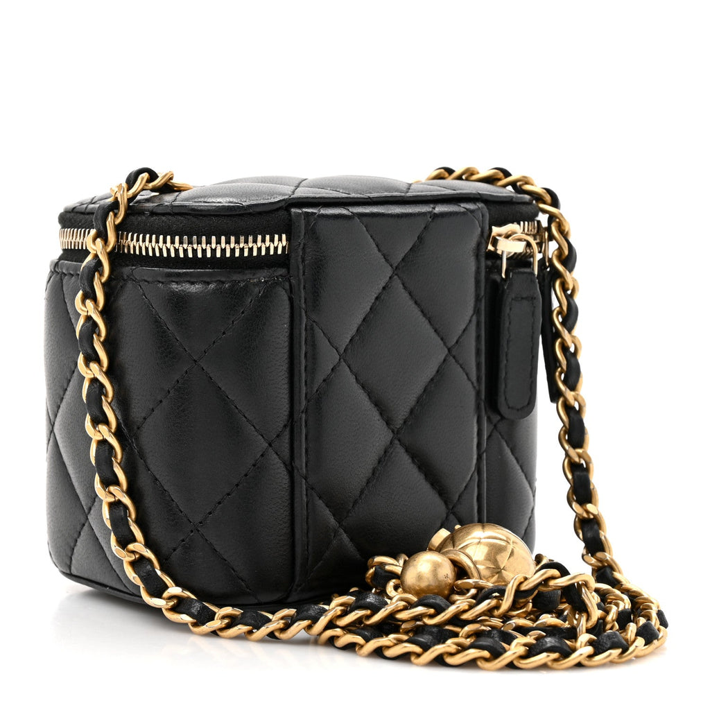 Lambskin Quilted Mini Pearl Crush Vanity Case With Chain Black