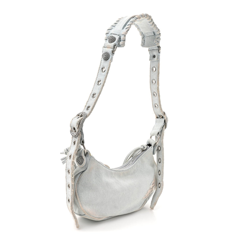 Washed Frayed Denim Crystal XS Le Cagole Shoulder Bag Pale Blue