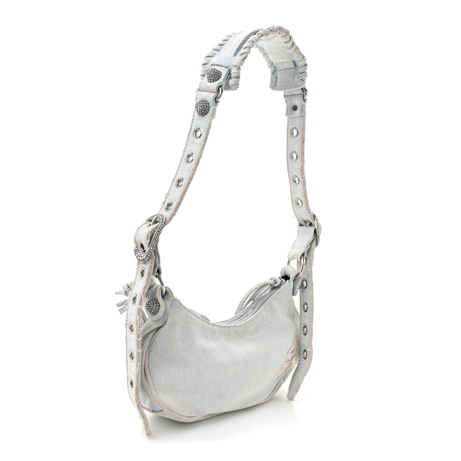 Washed Frayed Denim Crystal XS Le Cagole Shoulder Bag Pale Blue
