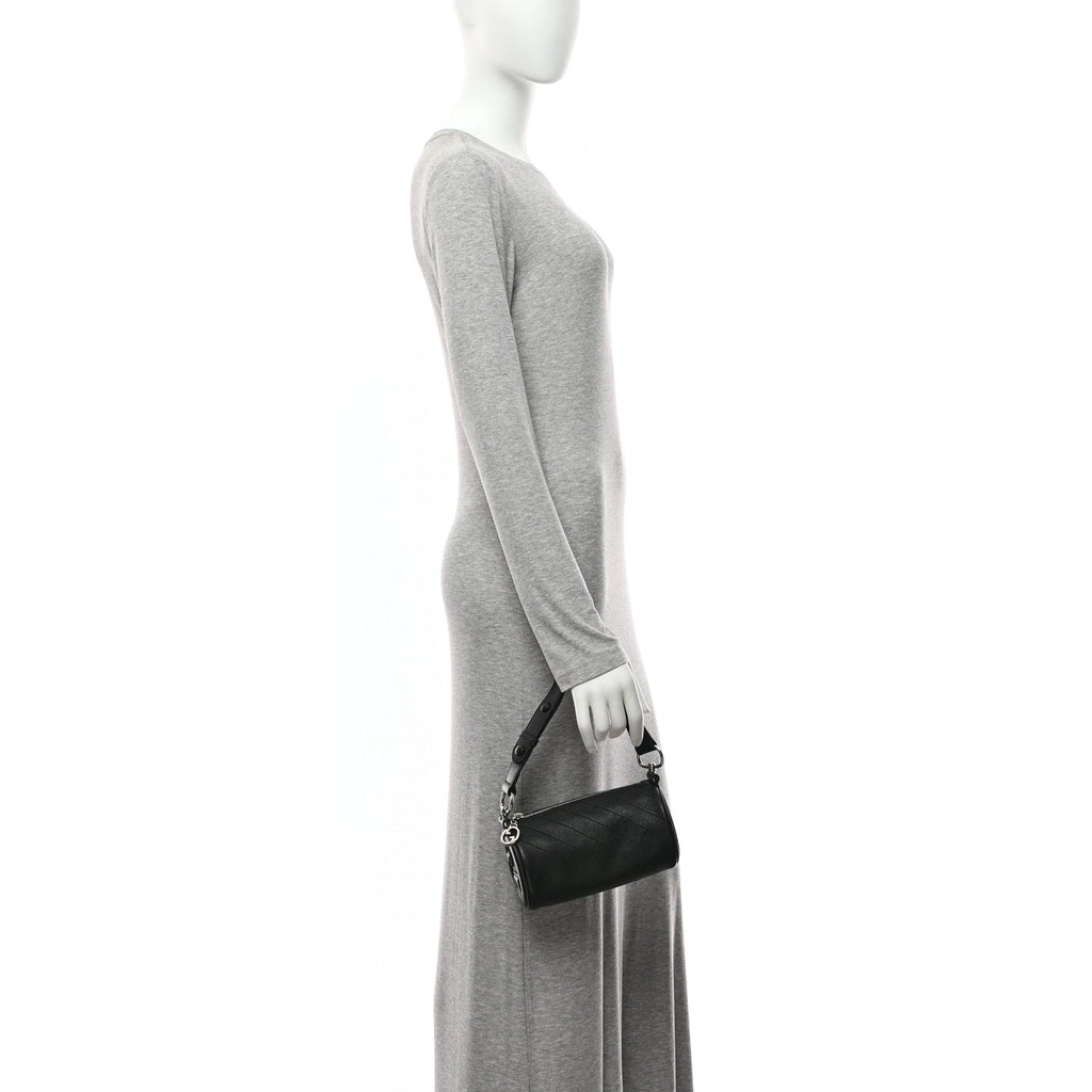 Sakai Be Green Calfskin Diagonal Stitched Mini Blondie Barrel Shoulder Bag Black