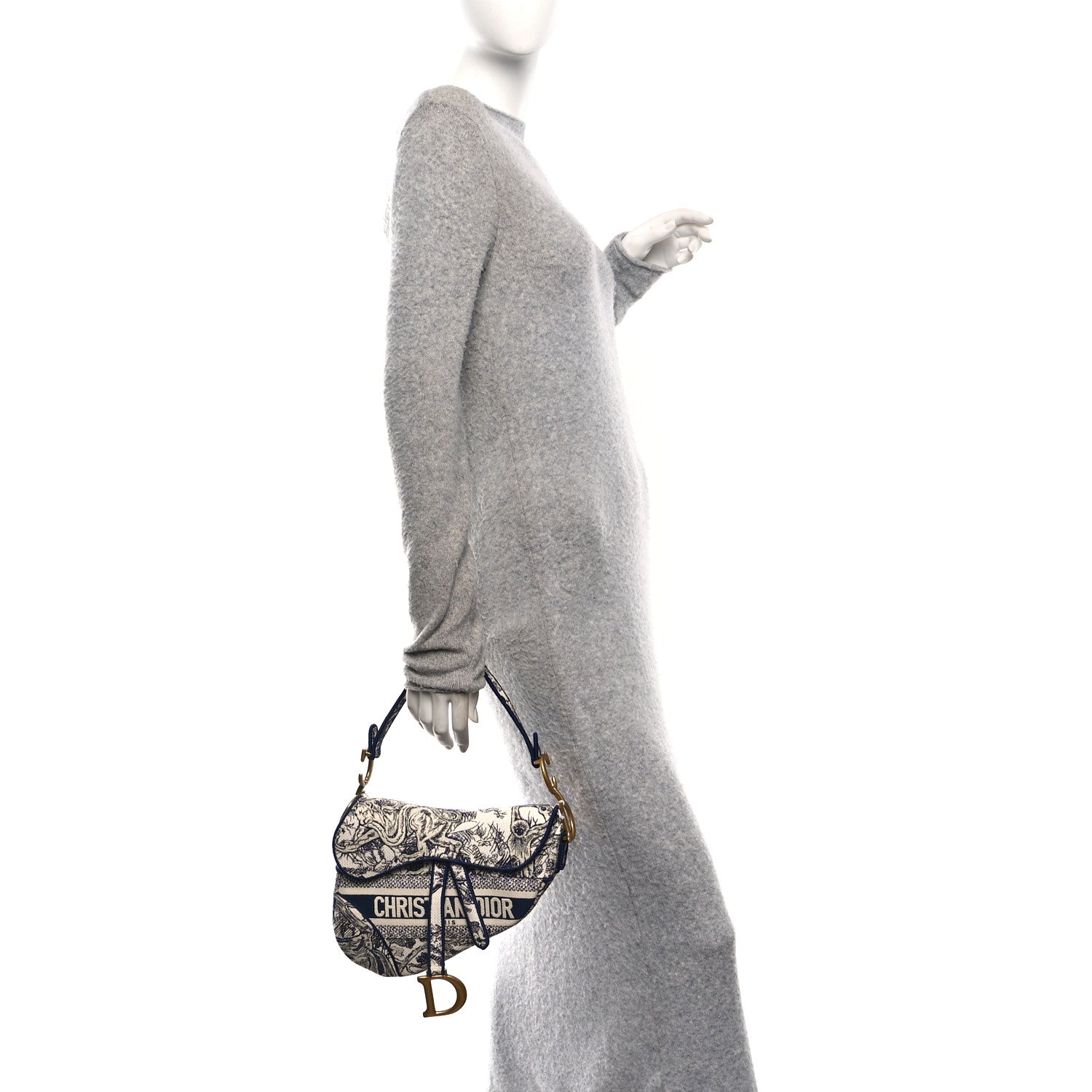 Canvas Embroidered Toile de Jouy Saddle Bag Blue