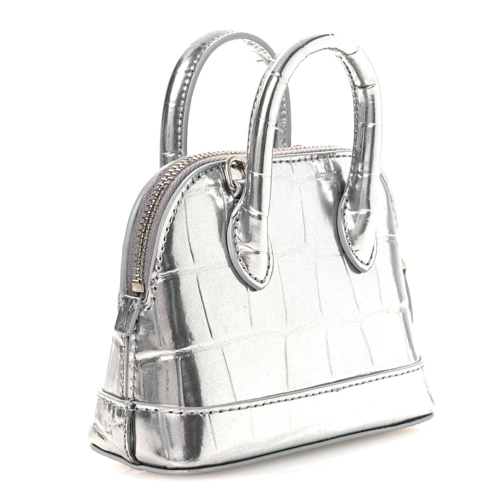 Metallic Calfskin Logo Crocodile Embossed Mini Ville Top Handle Bag Silver Black