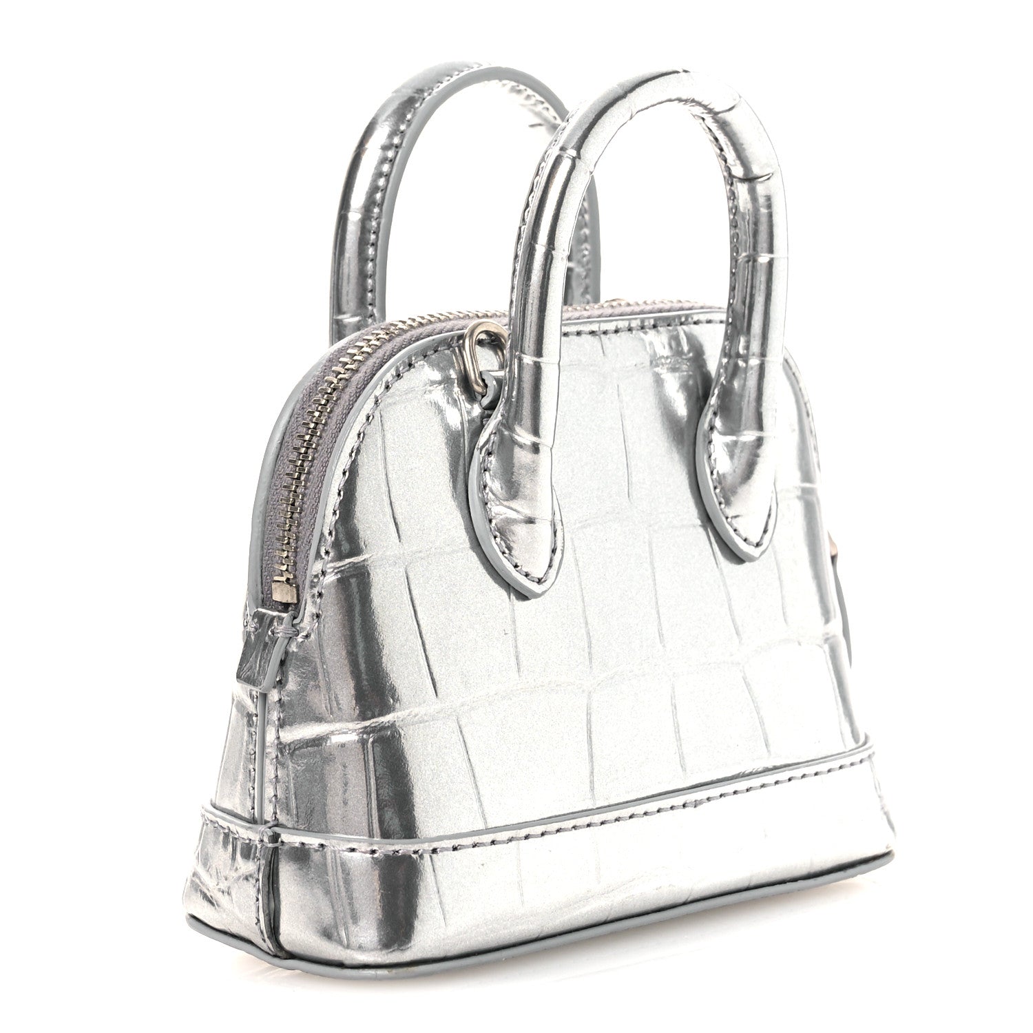 Metallic Calfskin Logo Crocodile Embossed Mini Ville Top Handle Bag Silver Black