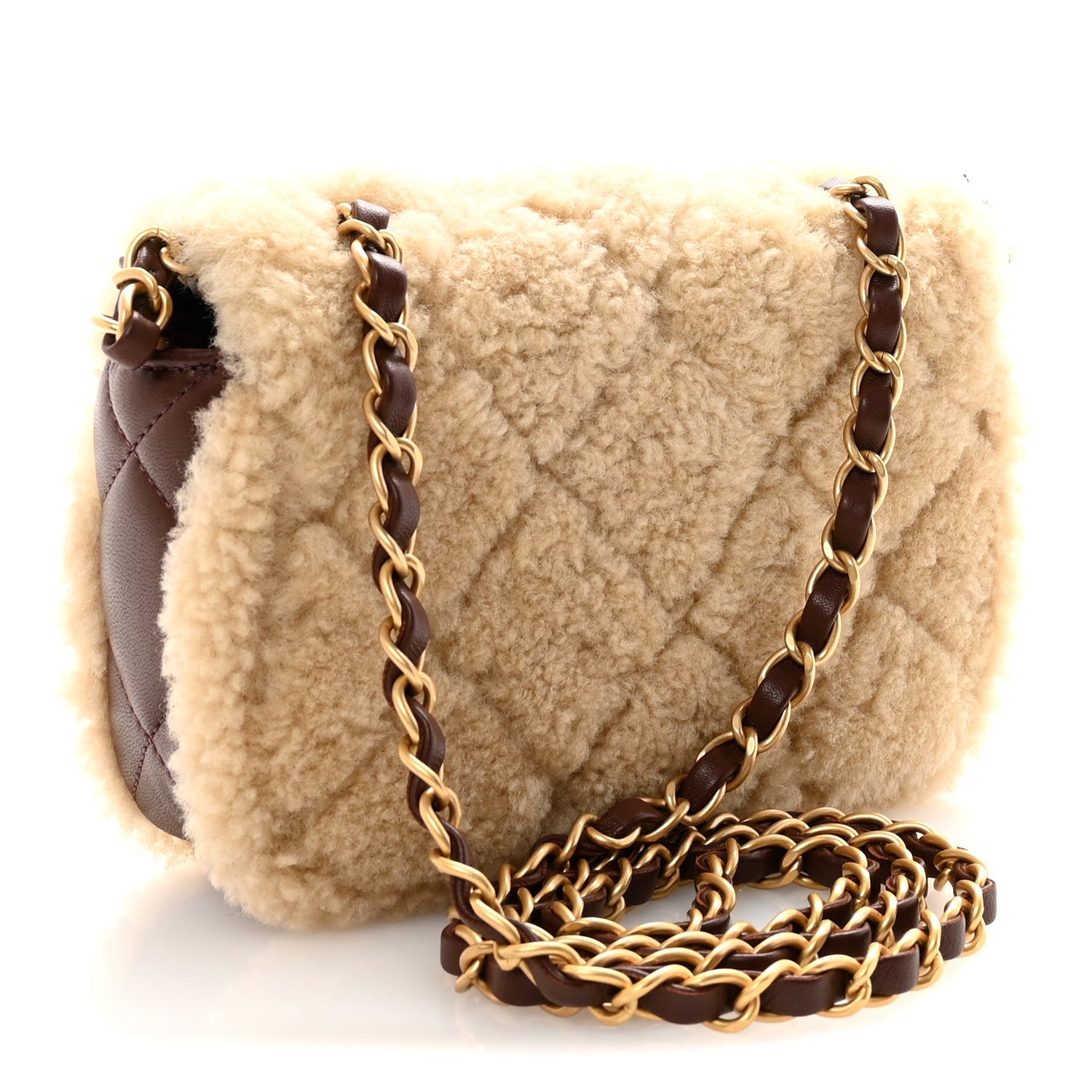 Shearling Lambskin Quilted Mini Furry Coco Flap Beige Dark Brown