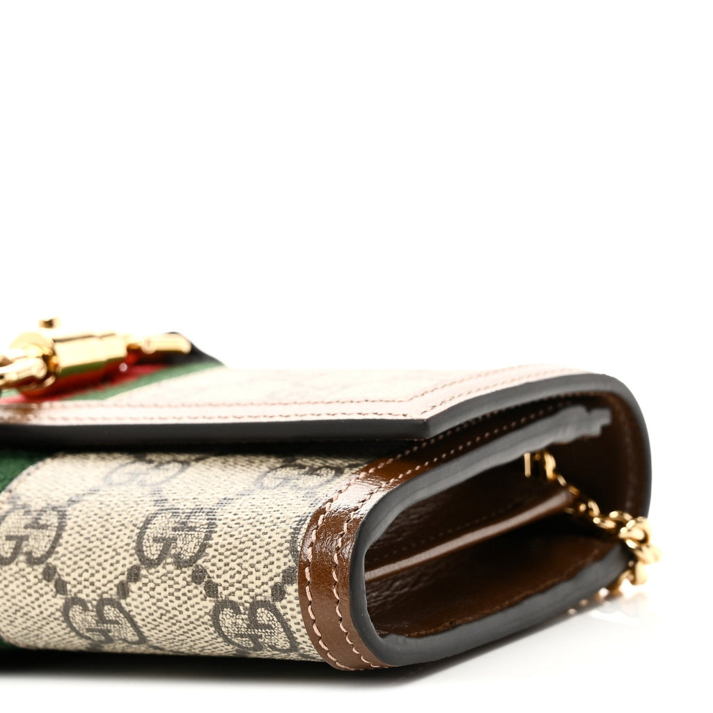 GG Supreme Monogram Azalea Calfskin Web Jackie 1961 Chain Wallet Beige Ebony Brown Sugar