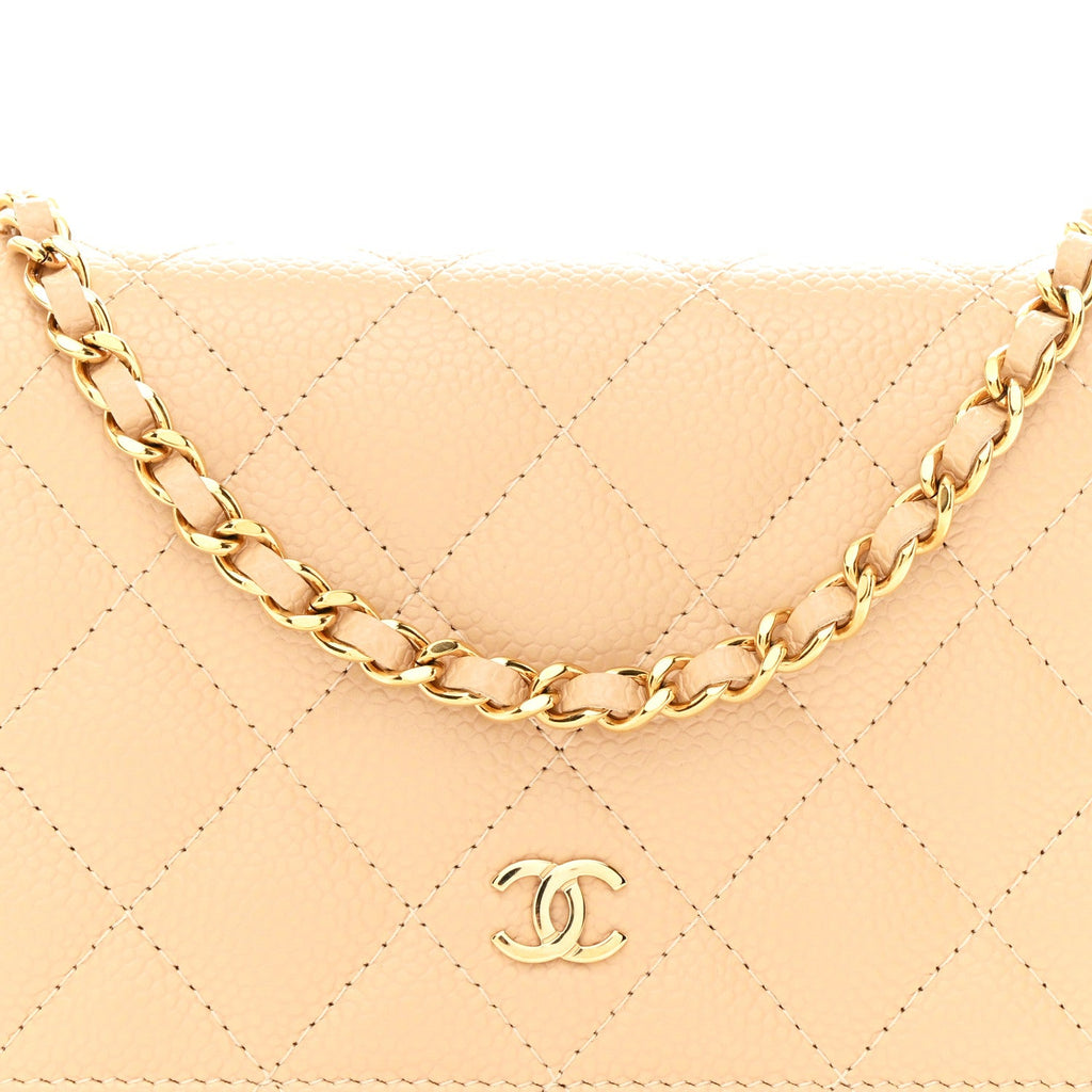Caviar Quilted Wallet on Chain WOC Beige