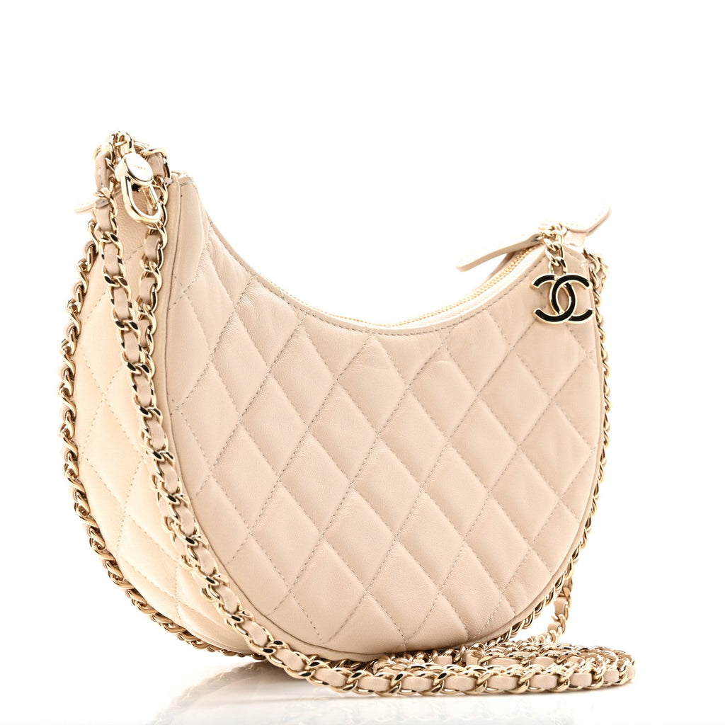 Lambskin Quilted Small Hobo Bag Light Beige