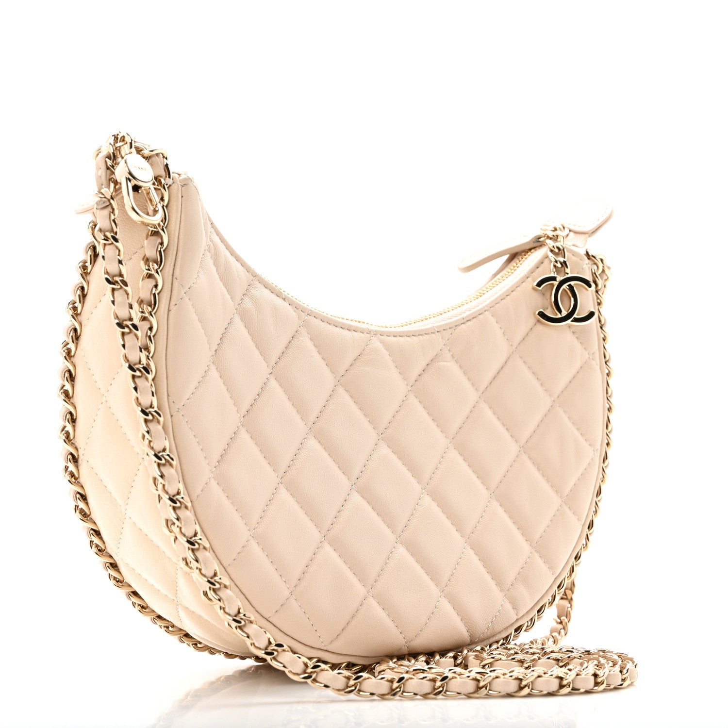 Lambskin Quilted Small Hobo Bag Light Beige