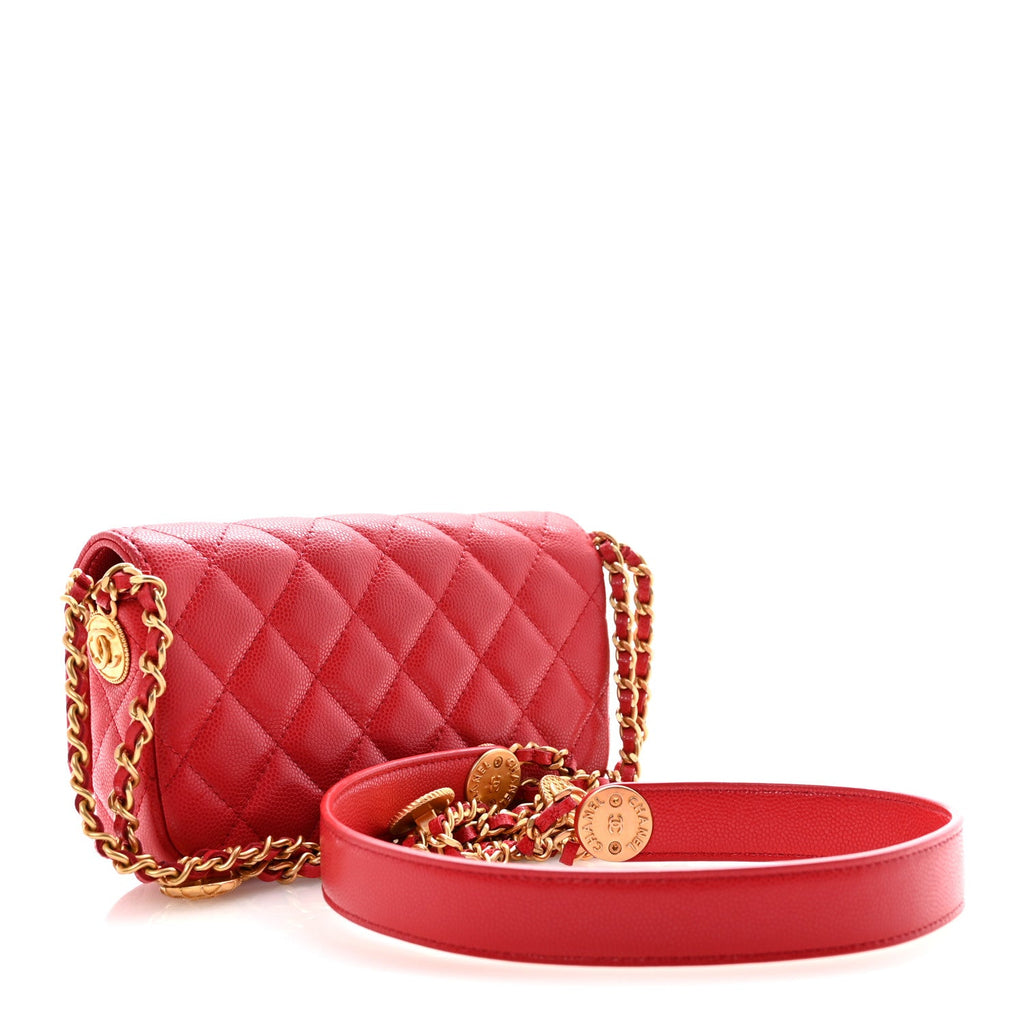 Caviar Quilted Yours Buttons Phone Holder With Chain Red