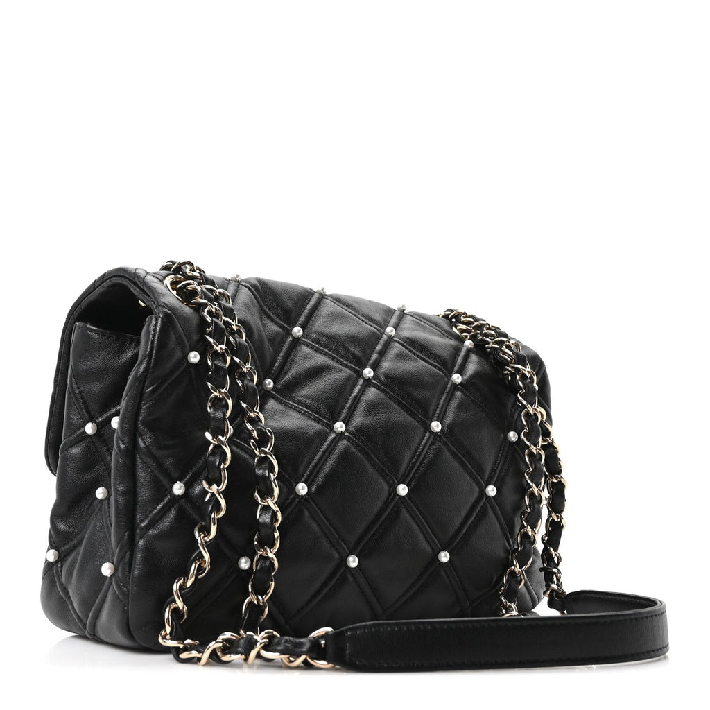 Lambskin Quilted Pearl Studded Flap Black