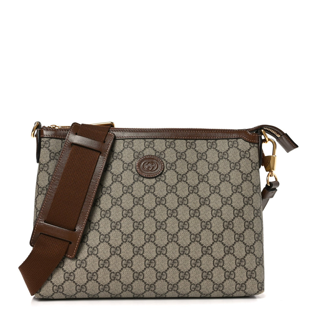 GG Supreme Monogram Azalea Calfskin Retro Interlocking G Wristlet Messenger Bag Beige Ebony Brown Sugar