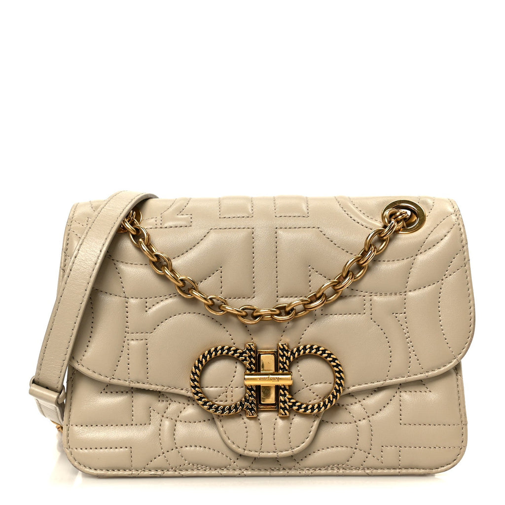 Calfskin Quilted Gancini Flap Bag Peony