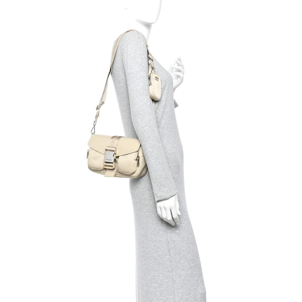 Re-Nylon Spazzolato Double Pocket Buckle Shoulder Bag Deserto