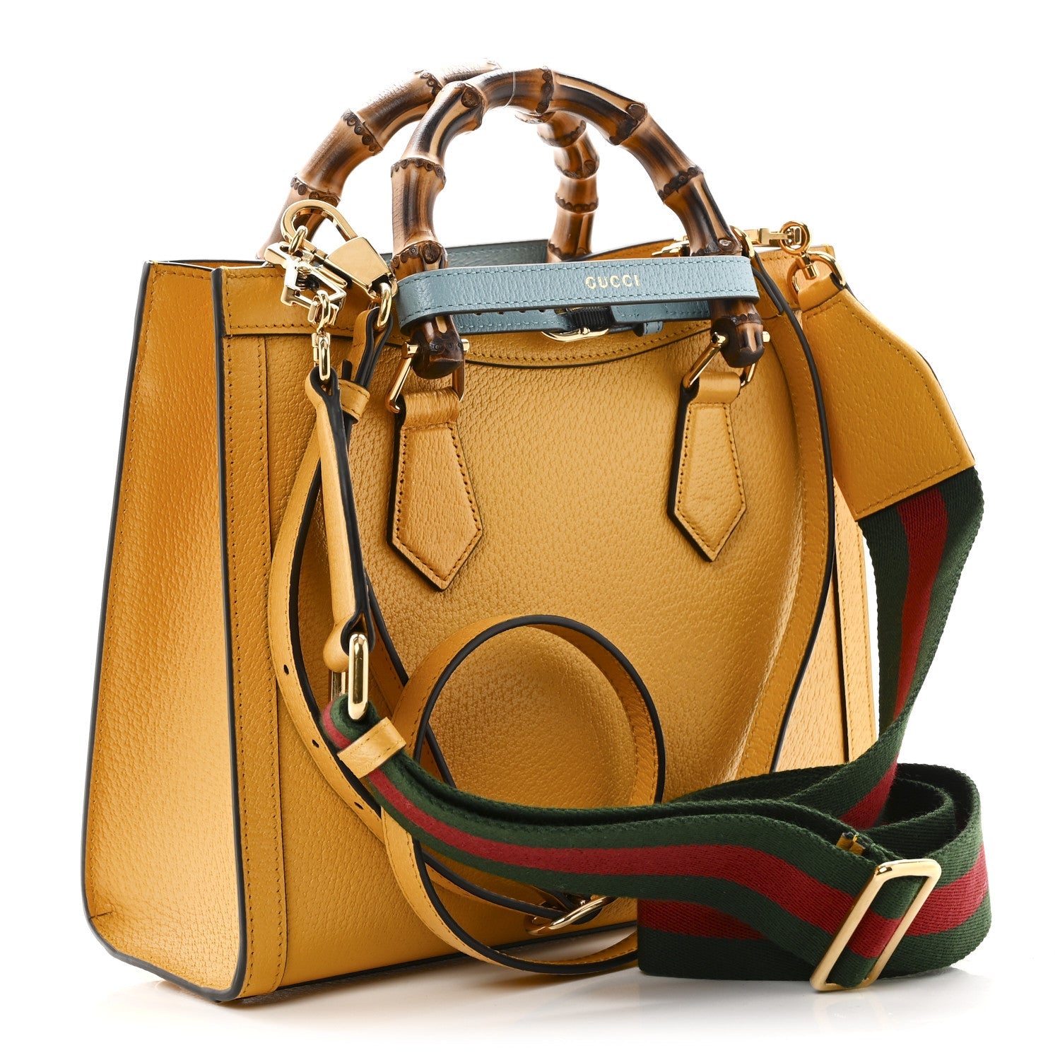 Textured Dollar Calfskin Web Small Diana Tote Bag Yellow Dusty Azure