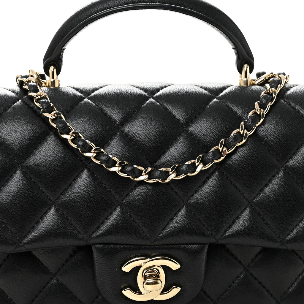 Lambskin Quilted Mini Top Handle Rectangular Flap Black