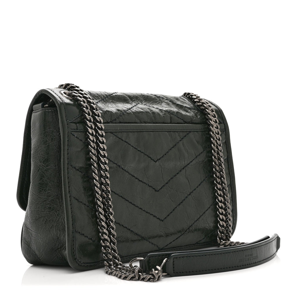 Crinkled Calfskin Matelasse Monogram Baby Niki Chain Satchel Dark Green