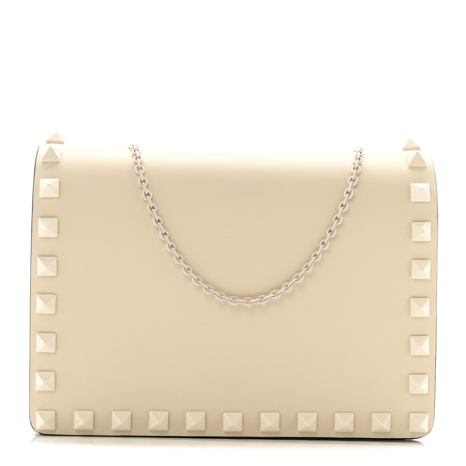 Calfskin Lacquer Monochrome Rockstud Wallet On Chain Ivory