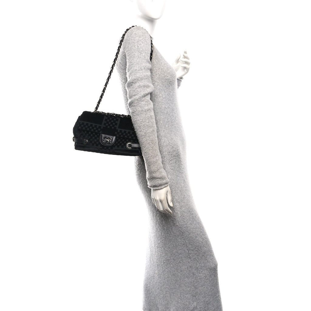 Velvet Checkered Flap Bag Black
