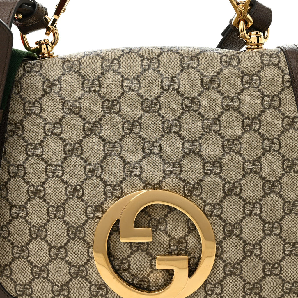 GG Supreme Monogram Textured Dollar Calfskin Web Medium Blondie Top Handle Shoulder Flap Bag Beige Ebony New Acero