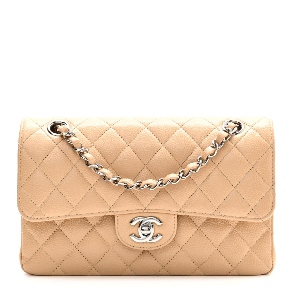 Caviar Quilted Small Double Flap Beige