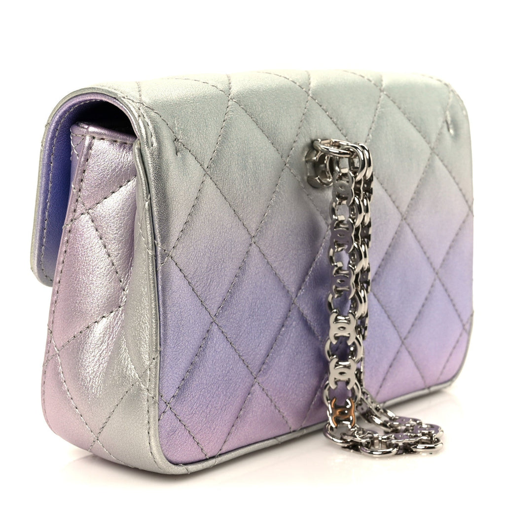 Gradient Metallic Calfskin Quilted Clutch Silver Blue Yellow Purple