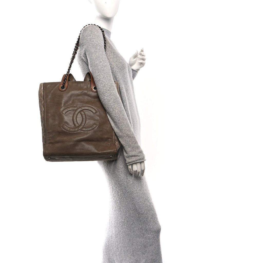 Iridescent Calfskin In The Mix Tall Tote Khaki