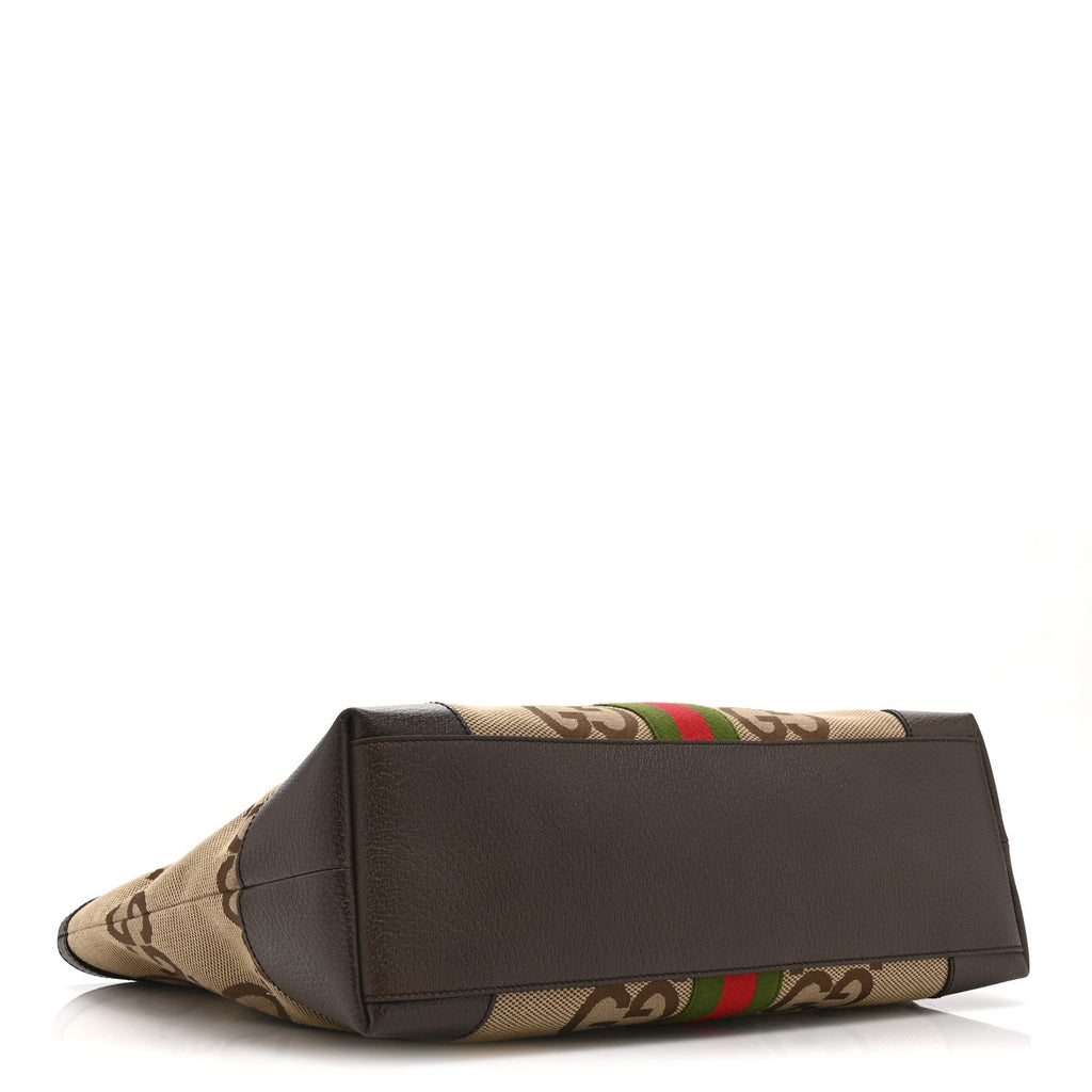 Monogram Jumbo GG Textured Dollar Calfskin Web Medium Ophidia Shopping Tote Camel Ebony
