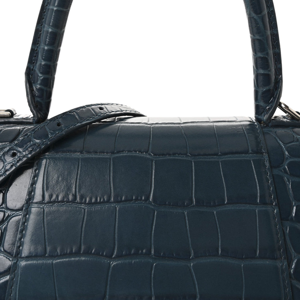 Shiny Calfskin Crocodile Embossed Small Hourglass Top Handle Bag Dark Petrol Blue