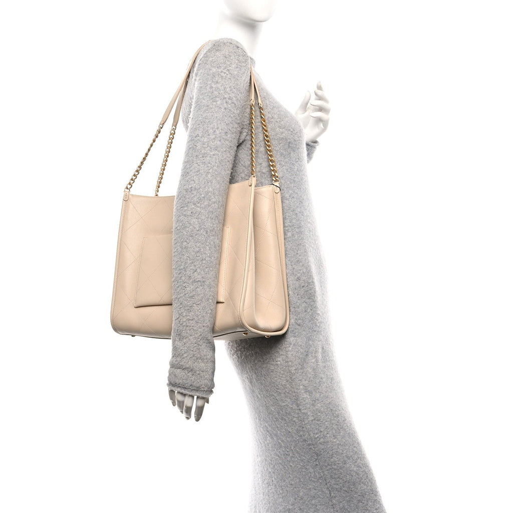 Caviar Stitched Pocket CC Large Tote Light Beige