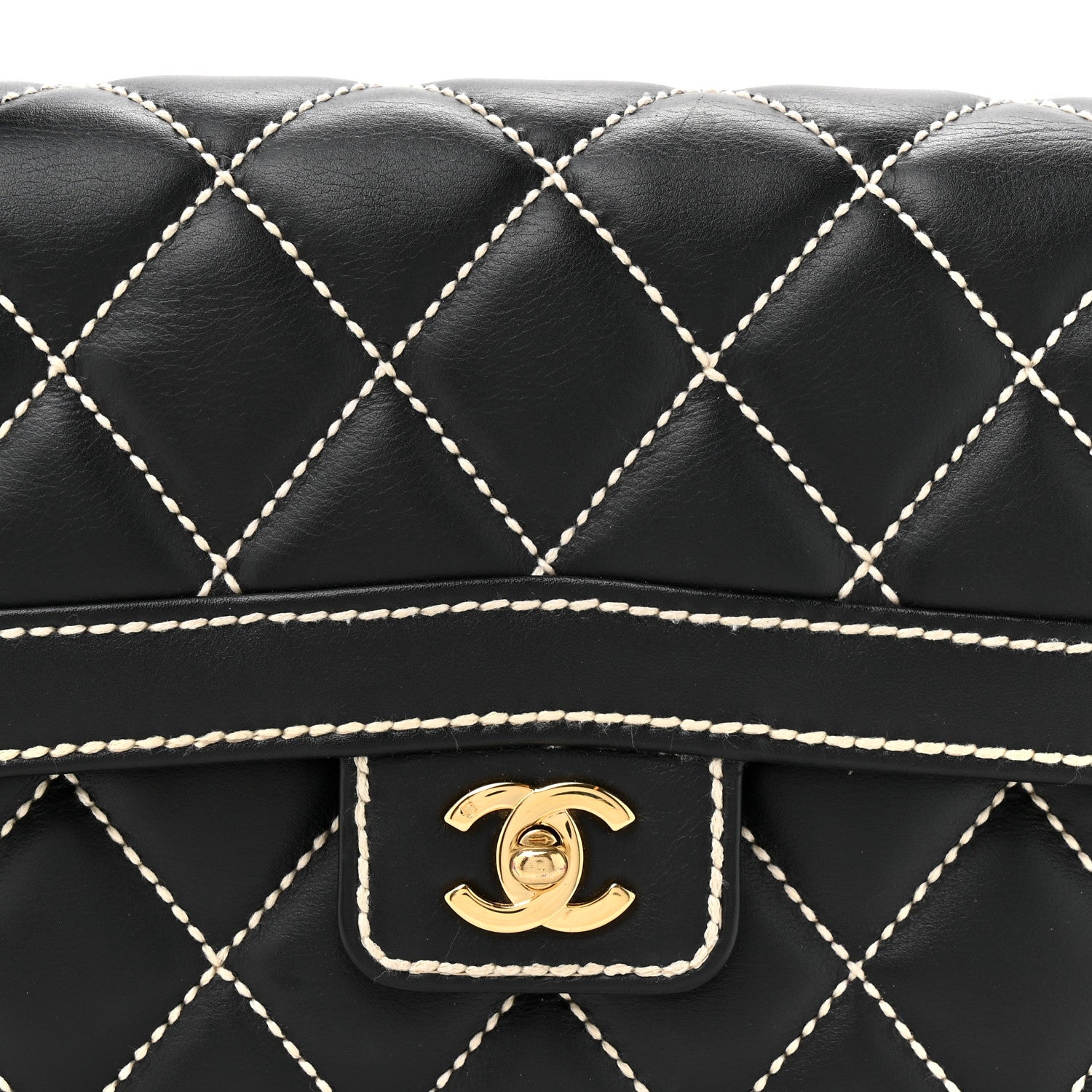 Calfskin Quilted Wild Stitch Large Top Handle Flap Black