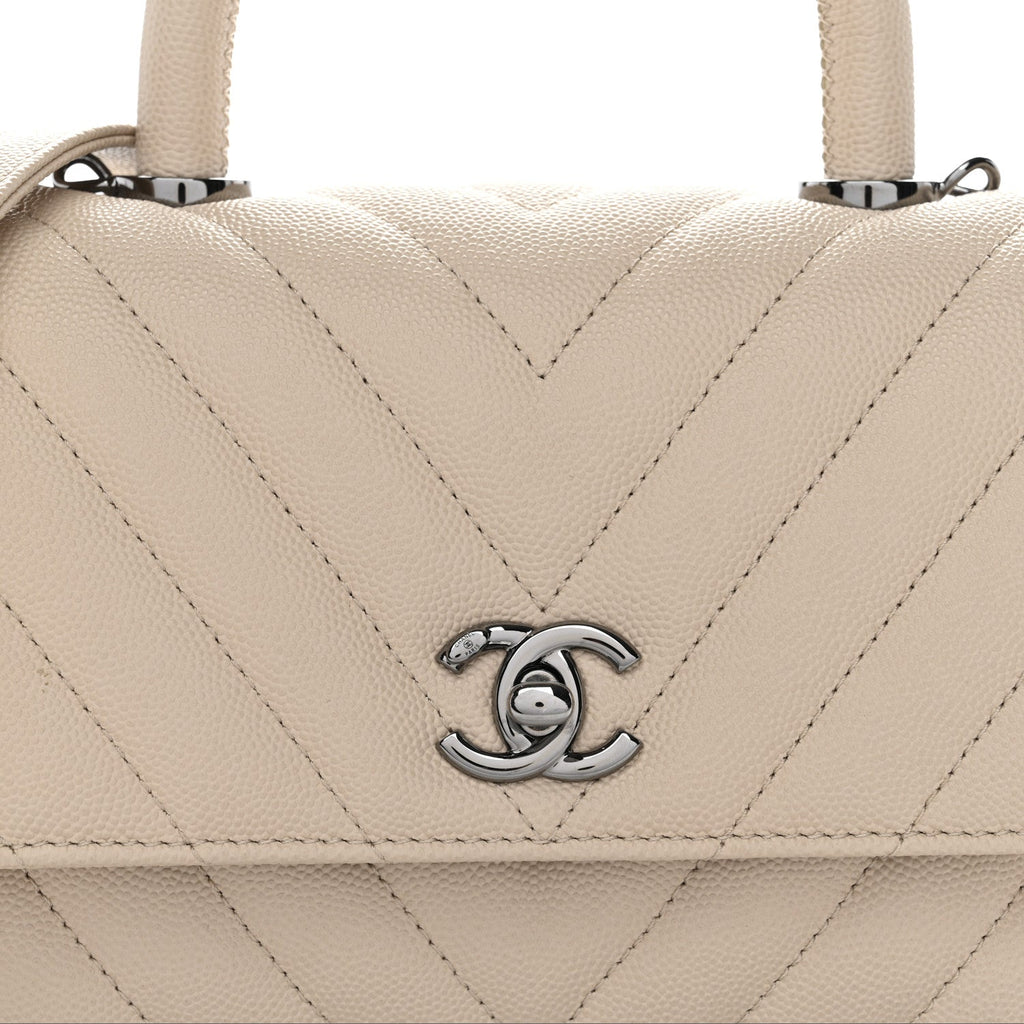 Caviar Chevron Quilted Mini Coco Handle Flap Beige