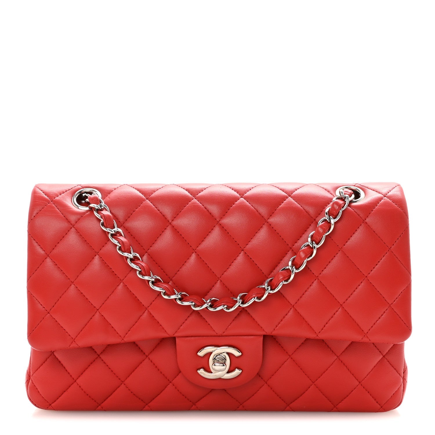 Lambskin Quilted Medium Double Flap Red