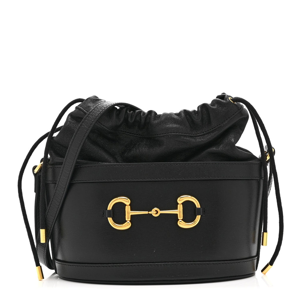 Azalea Sakai Calfskin Horsebit 1955 Drawstring Bucket Bag Black