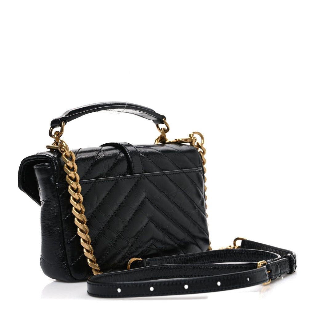Shiny Calfskin Matelasse Chevron Monogram Mini College Bag Black