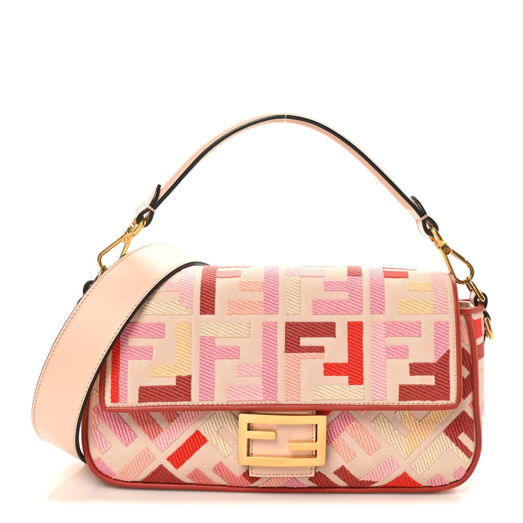 Canvas Vitello King FF Embroidered Baguette Rosa Quarzo Bloody Mary Multicolor