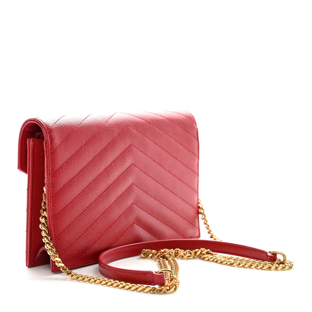 Grain De Poudre Matelasse Chevron Monogram Envelope Chain Wallet New Red