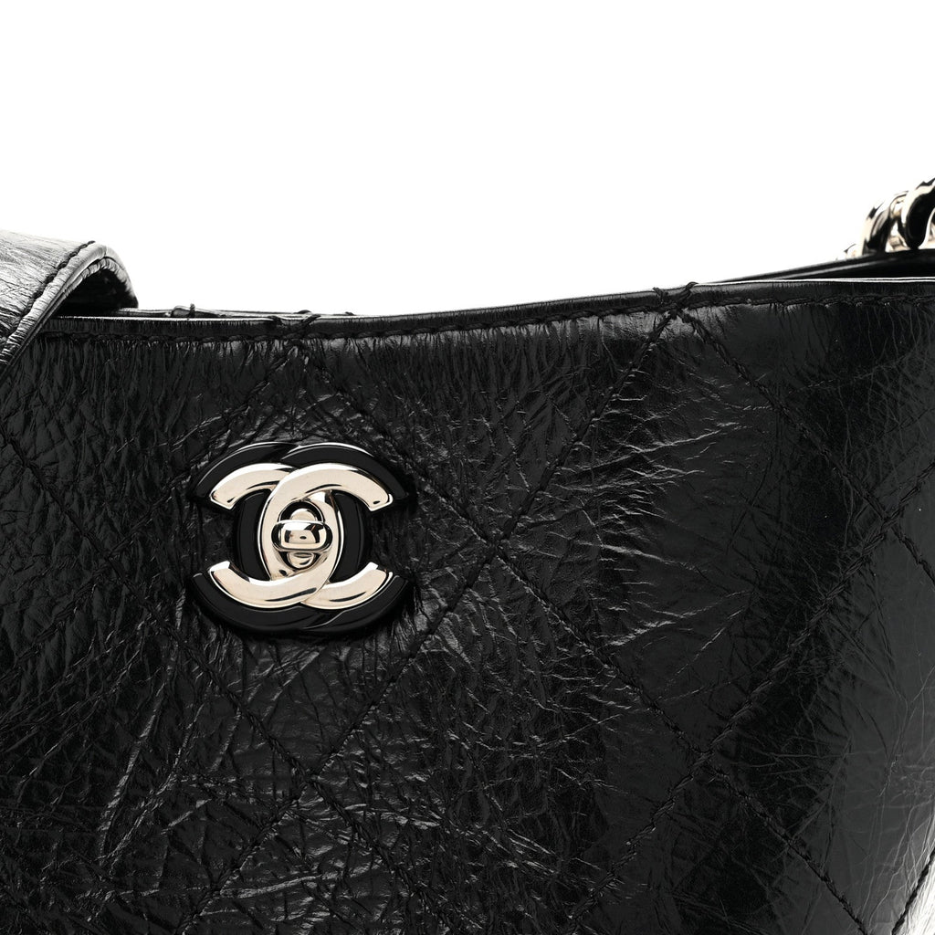 Crumpled Calfskin Quilted Chain Drawstring Bucket Bag Black