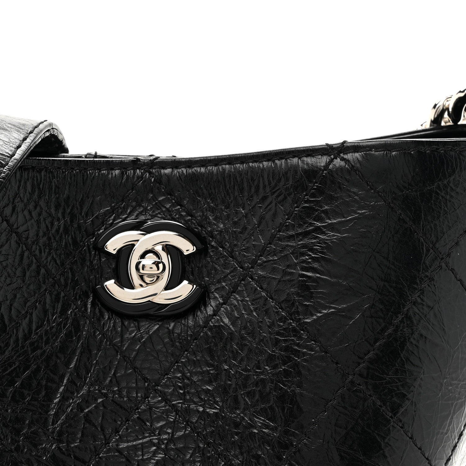 Crumpled Calfskin Quilted Chain Drawstring Bucket Bag Black