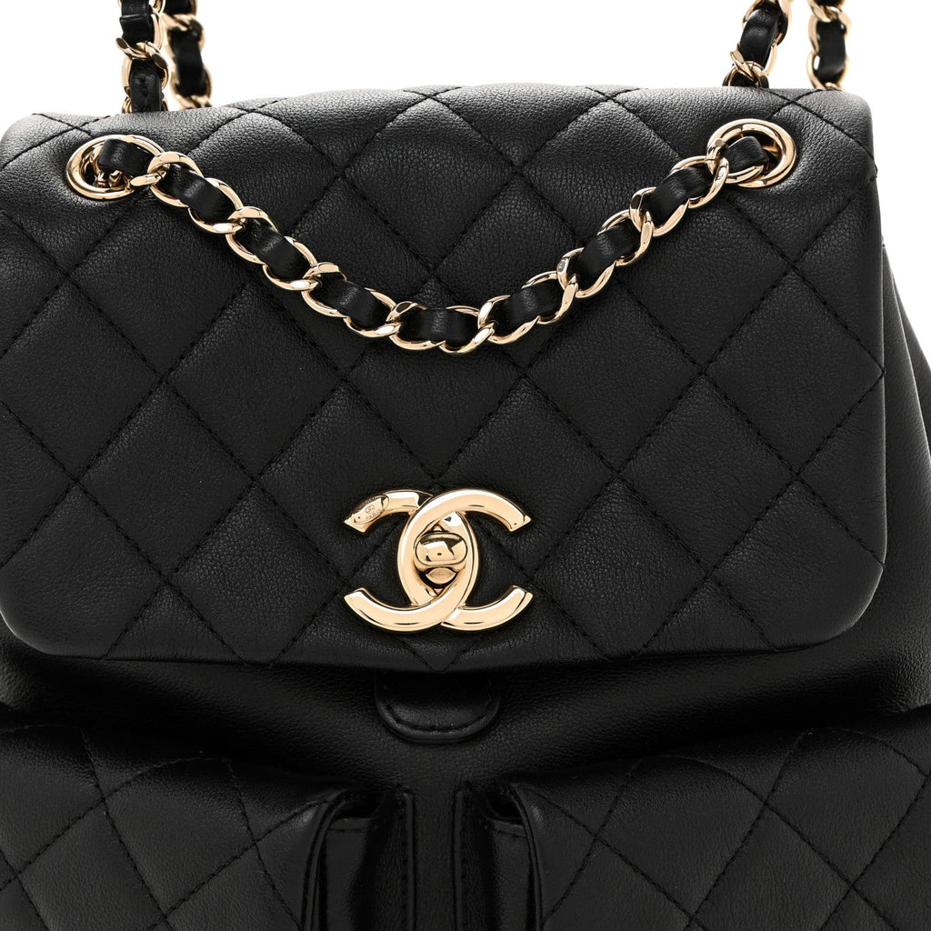 Calfskin Quilted Medium Duma Pockets Drawstring Backpack Black