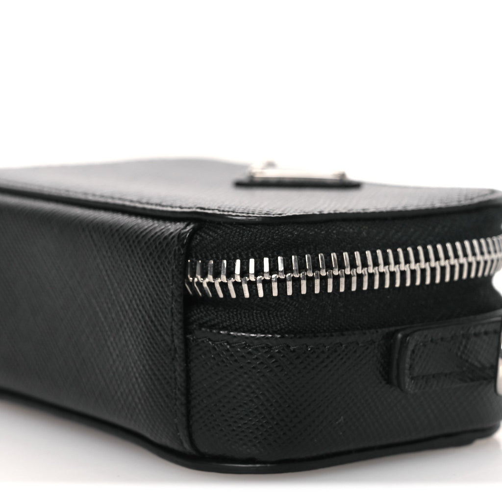 Saffiano Travel Metal Triangle Logo Mini Pouch Shoulder Bag Black