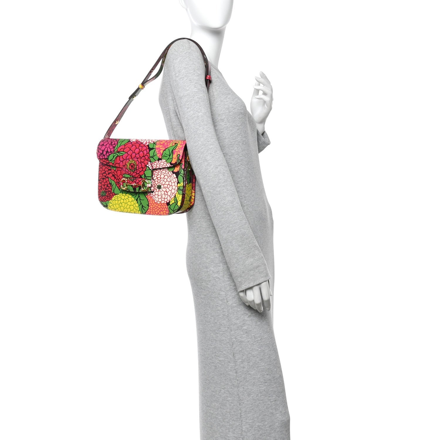 X KEN SCOTT New Shangai Calfskin Pomponica Print Horsebit 1955 Shoulder Bag  Multicolor Fuxia Pompon