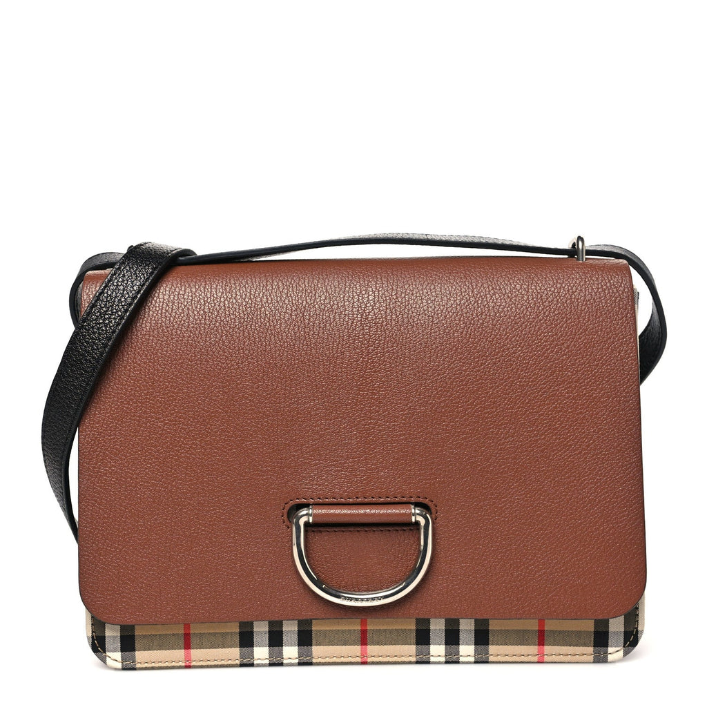 Goatskin Vintage Check Medium D-Ring Bag Tan Black
