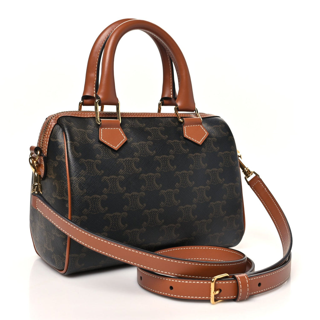 Triomphe Canvas Calfskin Small Boston Bag Tan